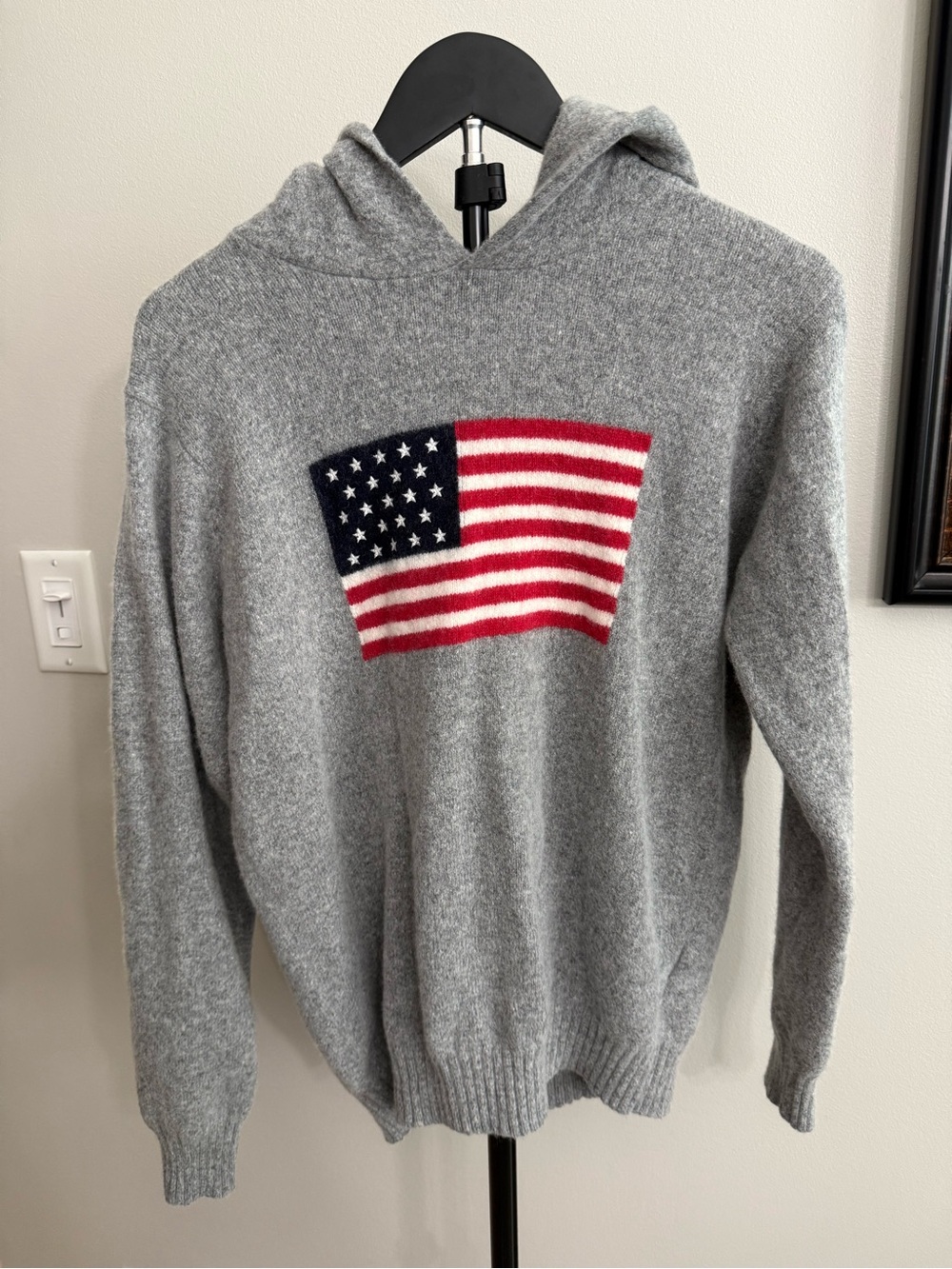 Brandy Melville Gray Crewneck Sweater with Hoodie. American Flag Motif